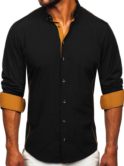 Koszula męska elegancka z długim rękawem czarno-camelowa Bolf 5722-1
