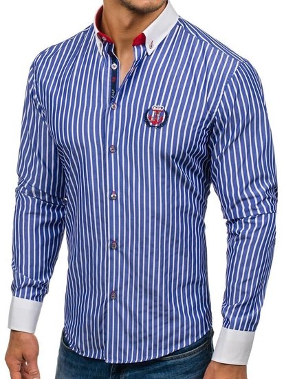 Koszula męska w paski z długim rękawem niebieska Bolf 1771
