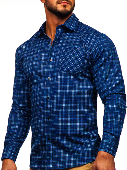 Niebieska koszula męska flanelowa w kratę z długim rękawem Denley F8-2