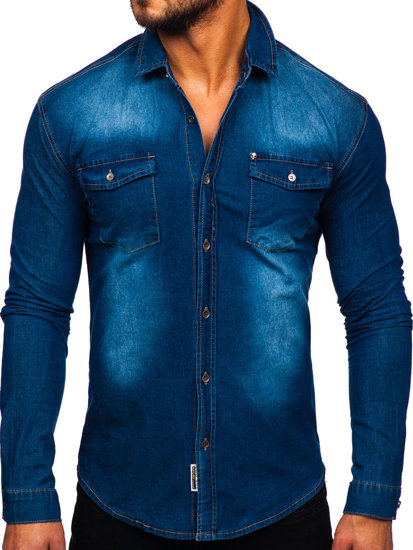 Niebieska koszula męska jeansowa z długim rękawem Denley MC705B