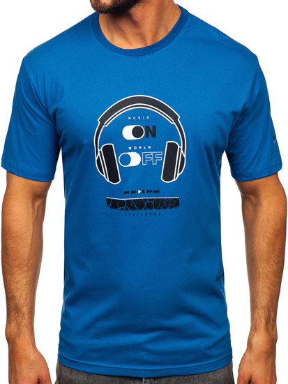 Niebieski bawełniany t-shirt męski z nadrukiem Denley 14740