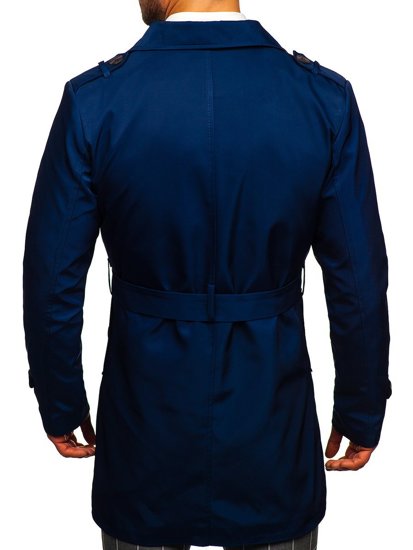Niebieski dwurzędowy płaszcz męski prochowiec z wysokim kołnierzem i paskiem Denley 0001