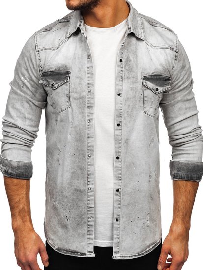 Szara koszula męska jeansowa z długim rękawem Denley R805