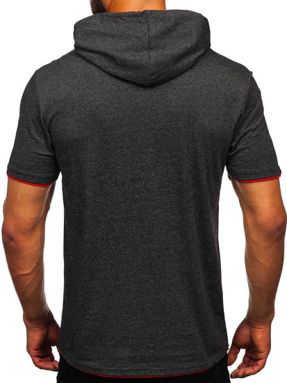 T-shirt męski bez nadruku antracytowo-czerwony z kapturem Bolf 08