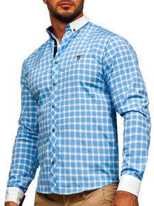 Błękitna koszula męska elegancka w kratę z długim rękawem Bolf 5737-1
