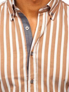 Brązowa koszula męska w paski z długim rękawem Bolf 20729