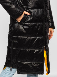 Czarna długa pikowana kurtka damska zimowa z kapturem Denley J9063