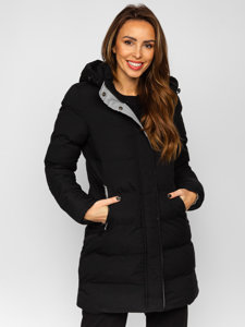 Czarna długa pikowana kurtka płaszcz damska zimowa z kapturem Denley 7091