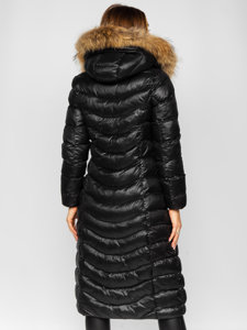 Czarna długa pikowana kurtka płaszcz damska zimowa z naturalnym futrem Denley M699