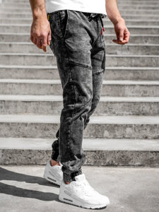 Czarne spodnie jeansowe joggery męskie Denley T369