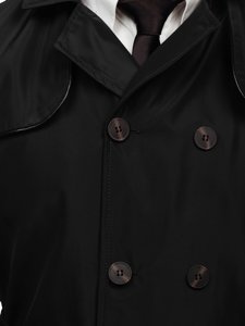 Czarny dwurzędowy płaszcz męski prochowiec z wysokim kołnierzem i paskiem Denley 0001