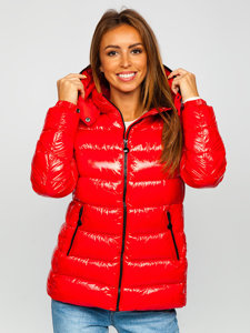 Czerwona pikowana kurtka damska zimowa z kapturem Denley B9583