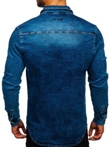Granatowa koszula męska jeansowa z długim rękawem Denley R800