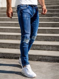 Granatowe jeansowe spodnie męskie slim fit z paskiem Denley R85018W0