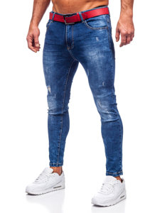 Granatowe spodnie jeansowe męskie slim fit z paskiem Denley TF101