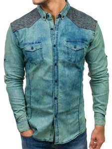 Koszula męska jeansowa we wzory z długim rękawem granatowo-szara Denley 0517-1